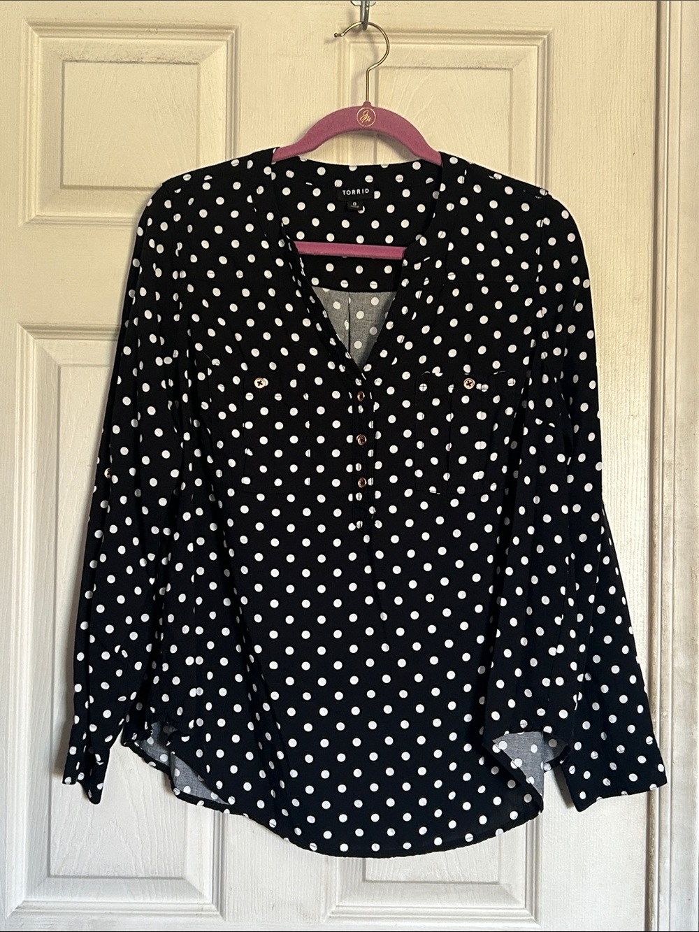 Torrid black/white polka dot roll tab sleeve blouse size large